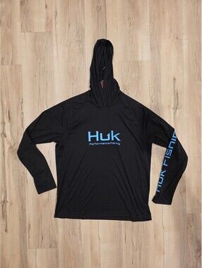 Huk Performance Fishing Black Hooded Long Sleeve Shirt Size L